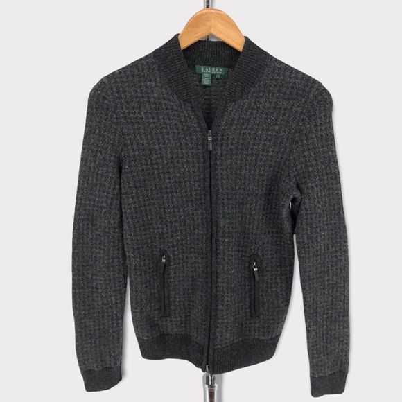 Lauren Ralph Lauren Jacket Lambswool Houndstooth Charcoal Grey Long Sleeve Zip - Picture 1 of 10